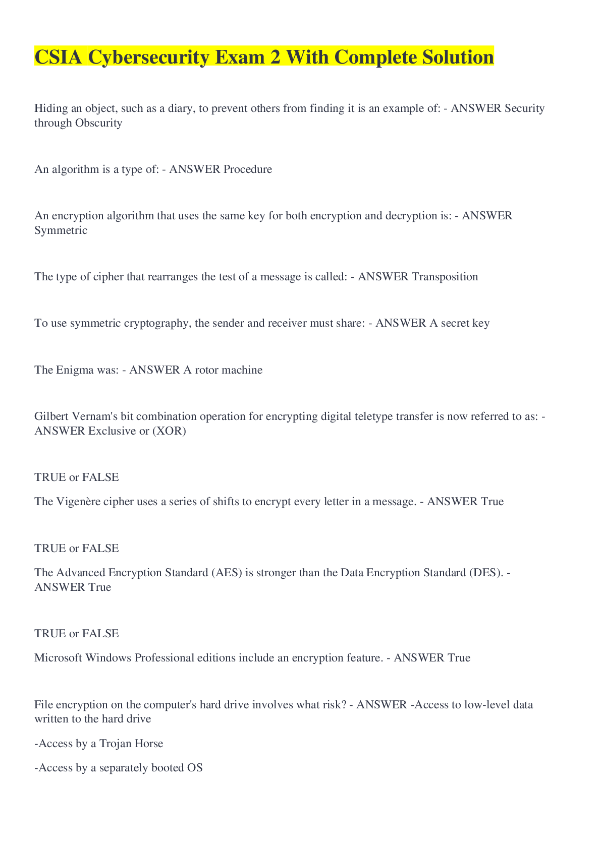 Preview image of CSIA Cybersecurity Exam 2 With Complete Solution document